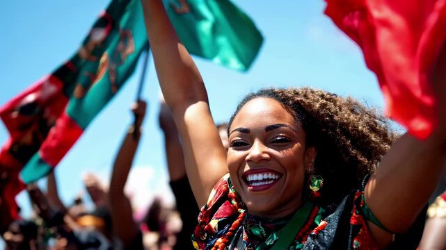 Juneteentn ​​parade float, performers in traditional African attire, with a cheering crowd at the background