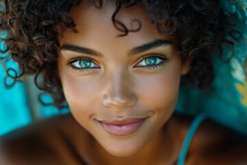 Fototapeta premium Stunning smiling black girl - for ads, flyer and internet marketing use. Short haircut - curly hair. Commercial promotion conceptual art. African american woman lifestyle concept. Black model.