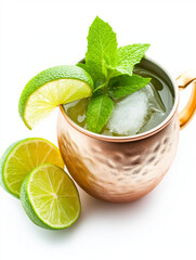 A classic Moscow mule presented in a copper mug with fresh mint leaves and lime slices, served over ice for a crisp and refreshing drink