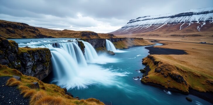 ?xar?rfoss waterfall, snow-capped mountains, ?ingvellir, Iceland Cloudy, rainy day , geology, mountains, view