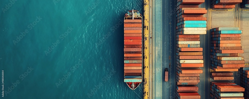 Poster container ship docking at a busy port with cargo containers