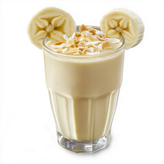 A creamy banana coconut smoothie garnished with toasted coconut and banana slices, served in a clear glass for a tropical indulgence