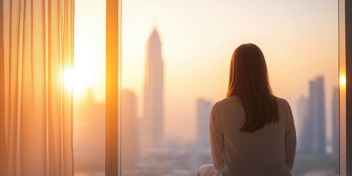 A woman in home clothes sits on a windowsill in an apartment and looks out the window at a modern city with skyscrapers