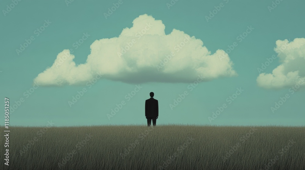 Poster silhouetted man standing in a field under a large cloud in a minimalist landscape.