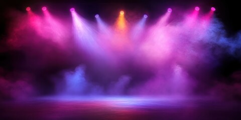 stage lights, colorful fog, vibrant pink and purple hues, dramatic lighting, concert atmosphere, misty effect, ethereal glow, smoke machine, theatrical backdrop, dynamic illumination, vivid colors, at