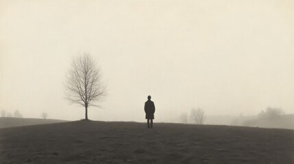 Solitary figure in foggy landscape, standing near a bare tree.