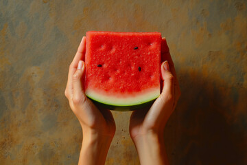 A person holding a slice of watermelon in their hands