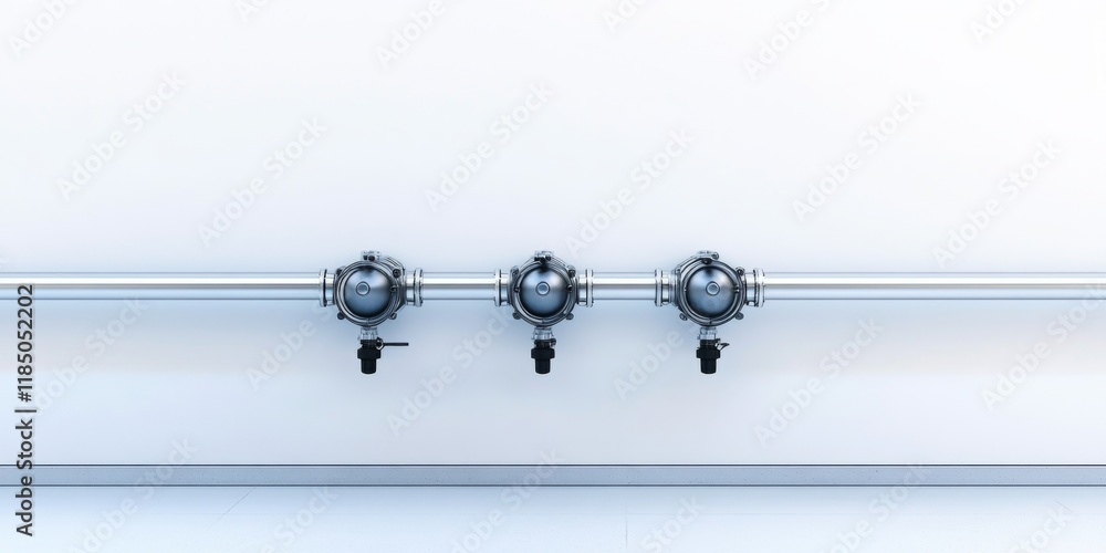 Poster this image showcases three industrial valves attached to a sleek pipeline against a light background