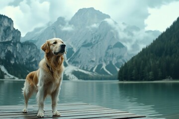 Golden Retriever standing on the dock of an alpine lake, majestic mountains in the background, beautiful scenery Generative AI