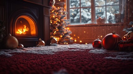 Obraz premium Cozy Winter Scene with Fireplace and Christmas Decorations Near Window