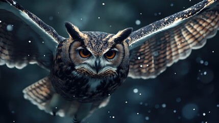 A large owl is flying through the air with snowflakes falling around it