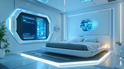 A futuristic bedroom with modular furniture and a floating digital display 