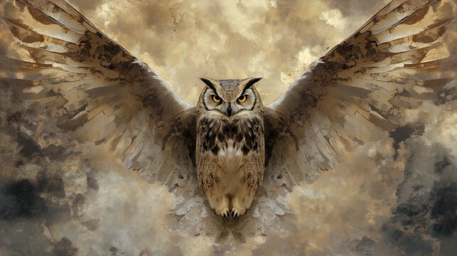 A large owl is flying through the air with its wings spread wide