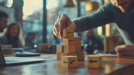 Building Blocks of Creativity: A Person Stacking Wooden Blocks in a Cozy Cafe Atmosphere