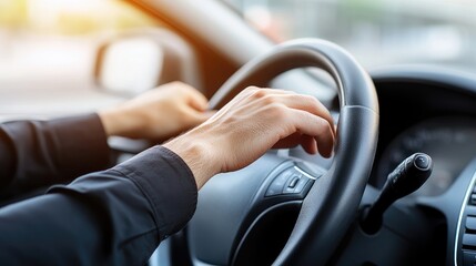 Male hand firmly holds the steering wheel as the car navigates through a bustling city street filled with buildings and greenery