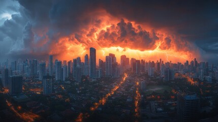 Dramatic city skyline with fiery storm clouds.