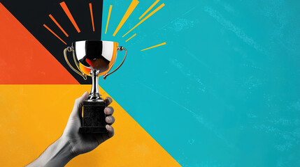  Contemporary artistic collage featuring a hand holding a trophy, symbolizing achievement, success, and victory in a modern, dynamic, and visually engaging style.