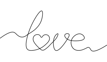 Continuous one line drawing of word love with heart. One line inscription word love isolated on white background. Black and white graphic vector minimalist illustration of love concept.
