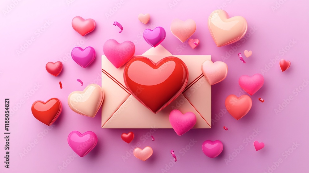 Poster a vibrant display of love with a central red heart atop an envelope surrounded by floating pink and 