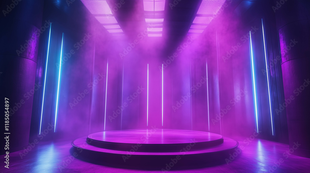 Poster futuristic stage with dynamic lights and fog ready for a high-energy performance