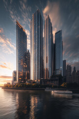 Obraz premium New York City Dawn Skyline with Soft Golden Sunlight Reflecting on Glass Skyscrapers, Serene East River, and a Small Ferry Crossing, Cinematic and Realistic Photograph with Moody Atmosphere