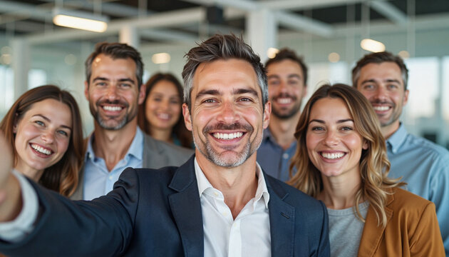 Colleagues smiling together while taking a selfie in modern office, teamwork