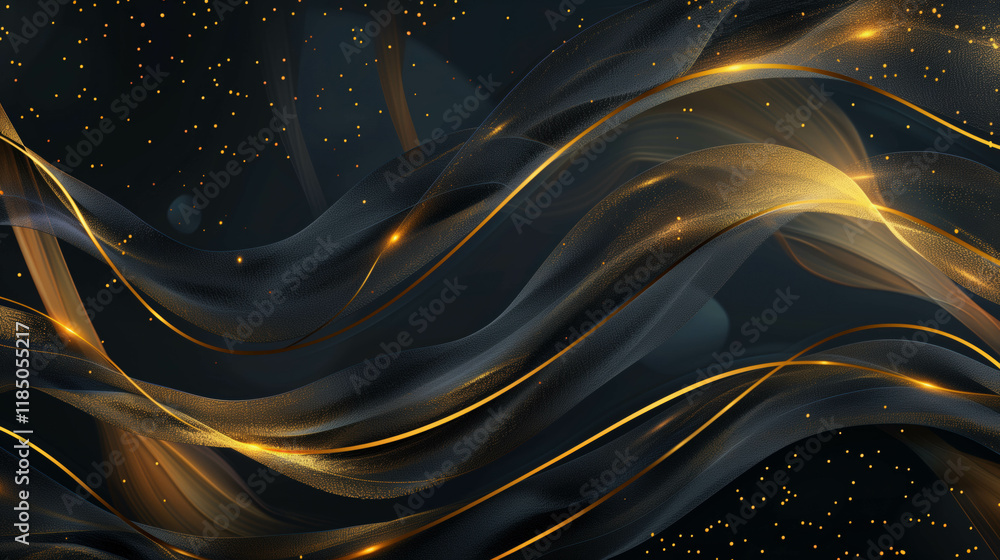 Poster glowing gold lines curve across a deep black background, creating an elegant abstract design