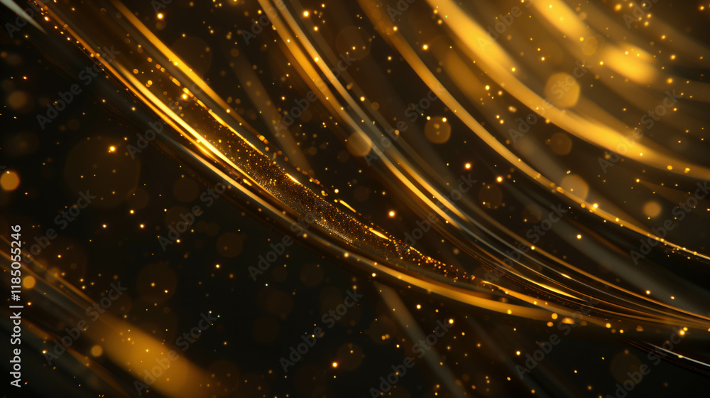 Poster elegant golden lines curve gracefully across a deep black backdrop filled with sparkle