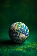 Fototapeta premium A small earth globe sitting on top of a green surface