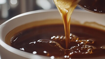 Rich, dark coffee being poured into a white bowl, creating a tempting and warm scene.
