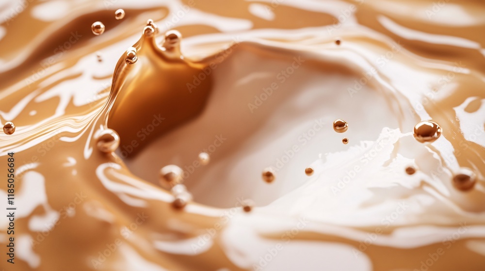 Poster close-up of rich, swirled coffee and cream in motion, creating dynamic splashes and droplets.