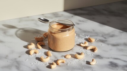 A glass jar filled with creamy cashew butter, surrounded by scattered cashews on a marble countertop, bathed in soft natural light.