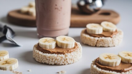 A delicious and healthy snack featuring rice cakes topped with creamy peanut butter and banana slices, served with a smoothie in the background.