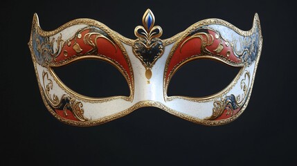 An ornate Venetian mask featuring intricate designs and vibrant colors against a dark background.