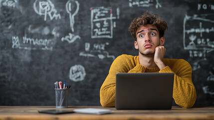 young handsome man looking confused while using a laptop isolated on a PNG background struggling with technology
