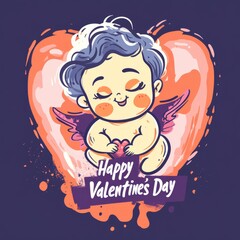 Beautiful Valentine's Day Card with Cupid, a Gift, and Heart Illustrations