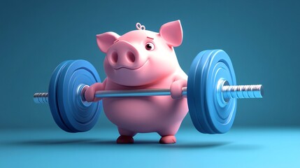A cheerful cartoon pig lifting a barbell, showcasing strength and determination against a vibrant blue background.