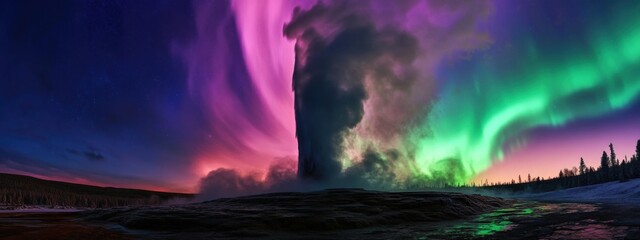An awe-inspiring perspective of a colossal geyser erupting against a backdrop of a swirling, multicolored aurora borealis, Geyser eruption scene