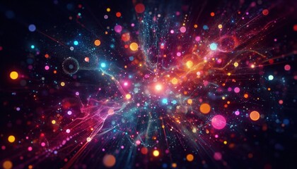 Naklejka premium colorful bokeh lights, vibrant, blurred circles, abstract, dreamy, festive atmosphere, neon colors, purple pink blue, dark background, sparkle, glowing particles, magical, night sky, celebration, dept