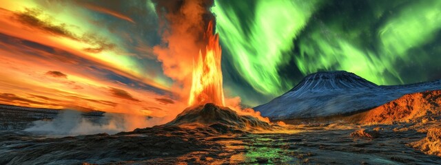 An awe-inspiring perspective of a colossal geyser erupting against a backdrop of a swirling, multicolored aurora borealis, Geyser eruption scene
