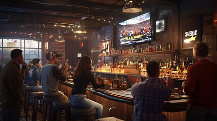 Group of diverse adults enjoying drinks at a lively bar while watching a sports game on TV.