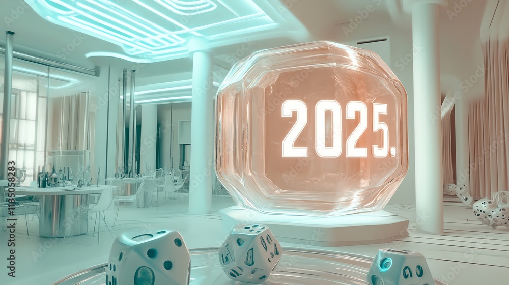 Poster a futuristic setting featuring a translucent cube displaying 
