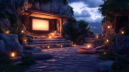 Cozy Romantic Movie Night Under a Starlit Sky in a Rustic Outdoor Setting With Soft Cushions and Flickering Lanterns