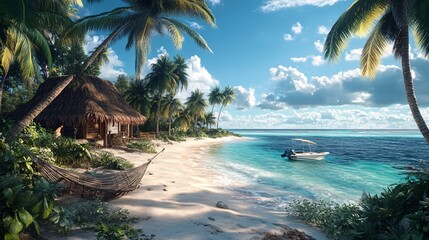 Obraz premium A serene tropical beach scene featuring a thatched hut, palm trees, and a boat anchored in calm turquoise waters.