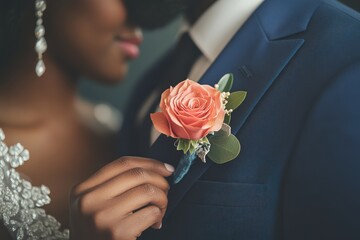 Bride gently adjusting a peach rose boutonniere on the groom's blue suit. A close-up of a tender wedding moment showcasing floral elegance and romantic attention to detail