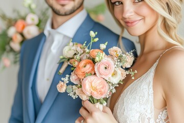 A radiant bride holding a delicate pastel bouquet, standing beside the groom in a light blue suit. The image exudes elegance, romance, and joy with a soft, airy atmosphere