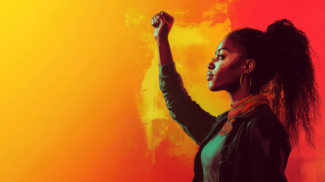 Empowered woman raising her fist for freedom and justice: Black History Month - Powered by Adobe
