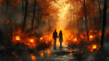 Fototapeta premium Romantic Couple Holding Hands During a Serene Evening in a Mystical Autumn Forest Filled With Glowing Lanterns and Warm Light