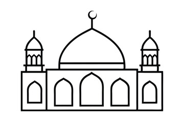 Minimalist Mosque Outline Black and White Line Art Illustration Featuring Domes and Minarets - Perfect for Islamic Art, Eid, Ramadan, Religious Architecture, and Modern Graphic Design Projects