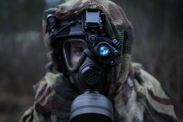 A special forces woman in a gas mask and a tactical helmet with a night vision device at dusk.